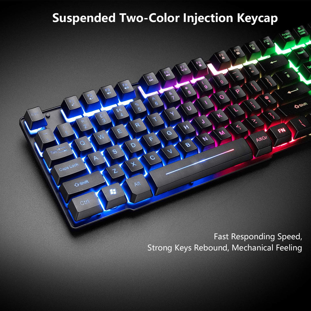 Gaming Tastatur Headset & Maus Set, 104 Tasten Rainbow Backlit UK Layout Tastatur 2400DPI Maus 7.1 S