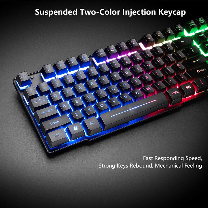 Gaming Tastatur Headset & Maus Set, 104 Tasten Rainbow Backlit UK Layout Tastatur 2400DPI Maus 7.1 S