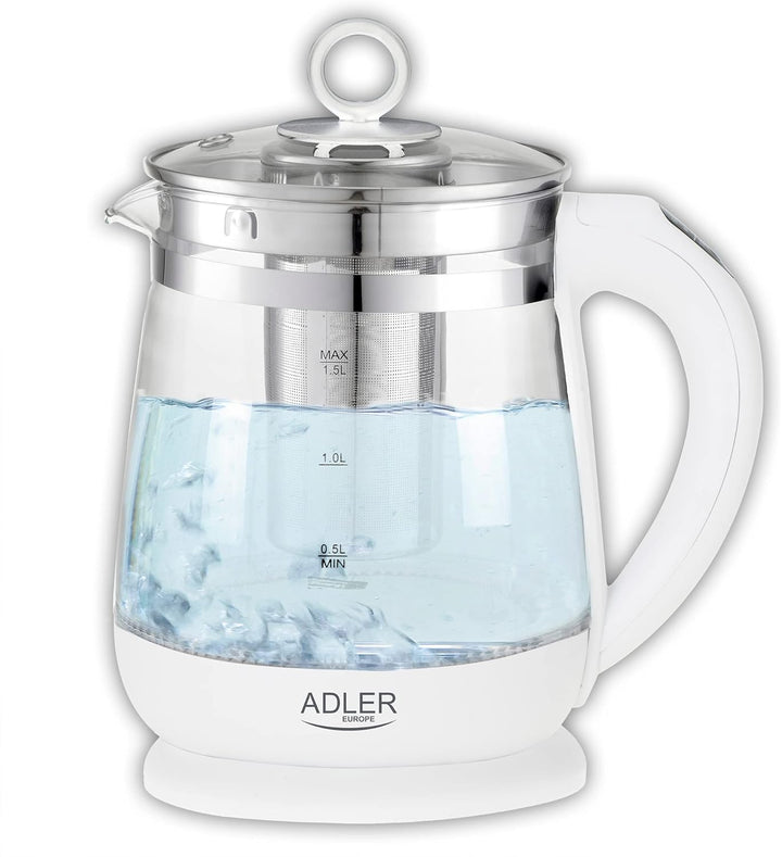 ADLER AD 1299 Elektrischer Wasserkocher aus Glas 1,5 Litern, Beleuchteter Innenraum, Teesieb, Temper