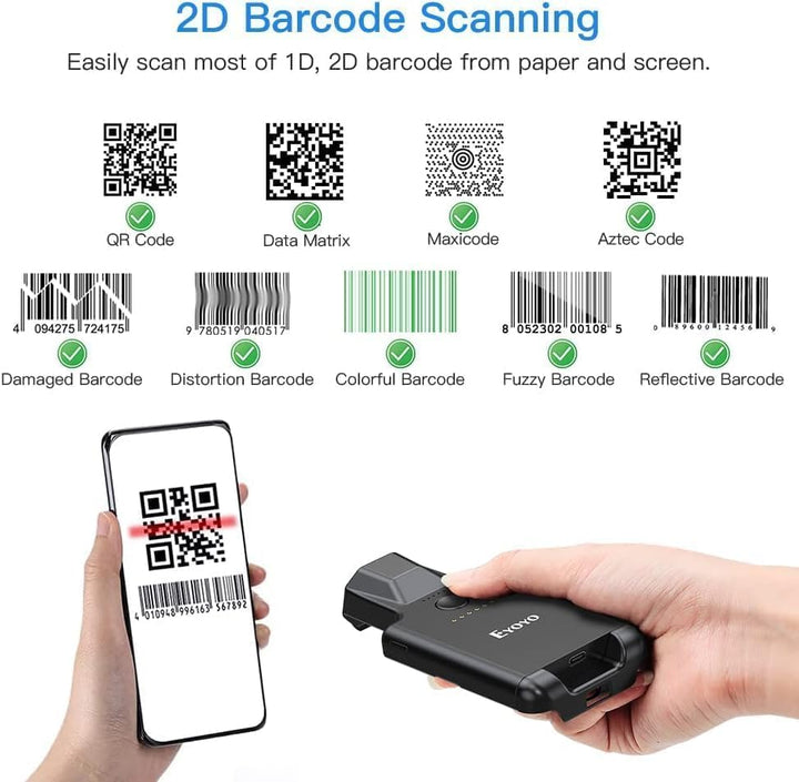 Eyoyo 2D Bluetooth Barcode Scanner, Kabelloser 1D QR Barcode Leser mit Rückenclip für Mobilgeräte, A