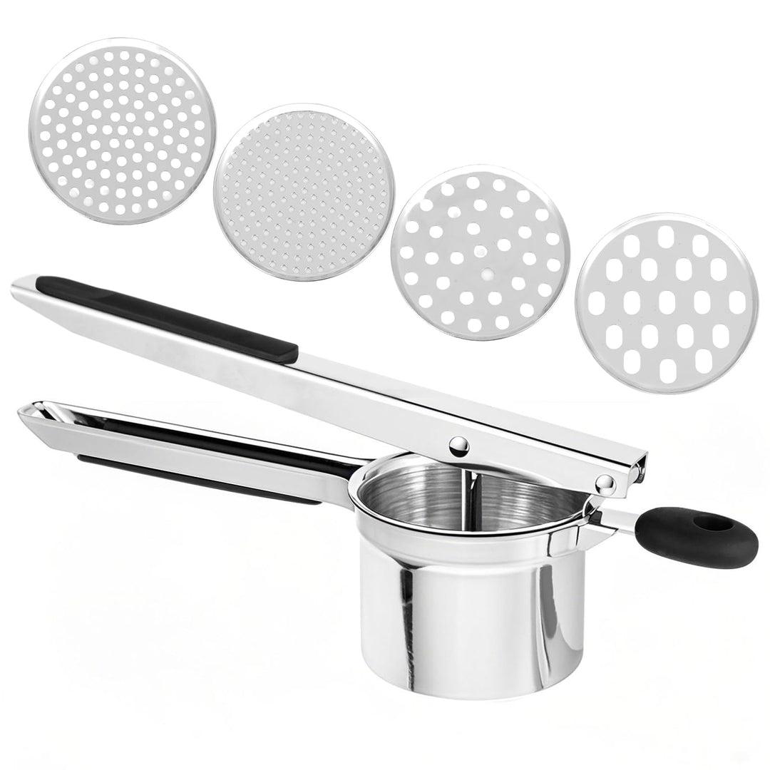 Edelstahl Kartoffelpresse mit 4 Einsätzen – Robuste & Ergonomische Kartoffelpresse – Leicht zu Reini