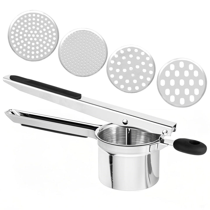 Edelstahl Kartoffelpresse mit 4 Einsätzen – Robuste & Ergonomische Kartoffelpresse – Leicht zu Reini