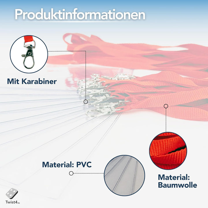 Schlüsselbänder aus Baumwolle mit Ausweishülle DIN A6 - twist4® (rot, 100 Stück) rot 100 Stück, rot