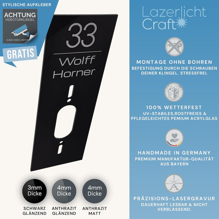 Klingelschild für Reolink Video Doorbell PoE/WiFi D340W D340P |Schwarz oder Anthrazit | Hausnummer,