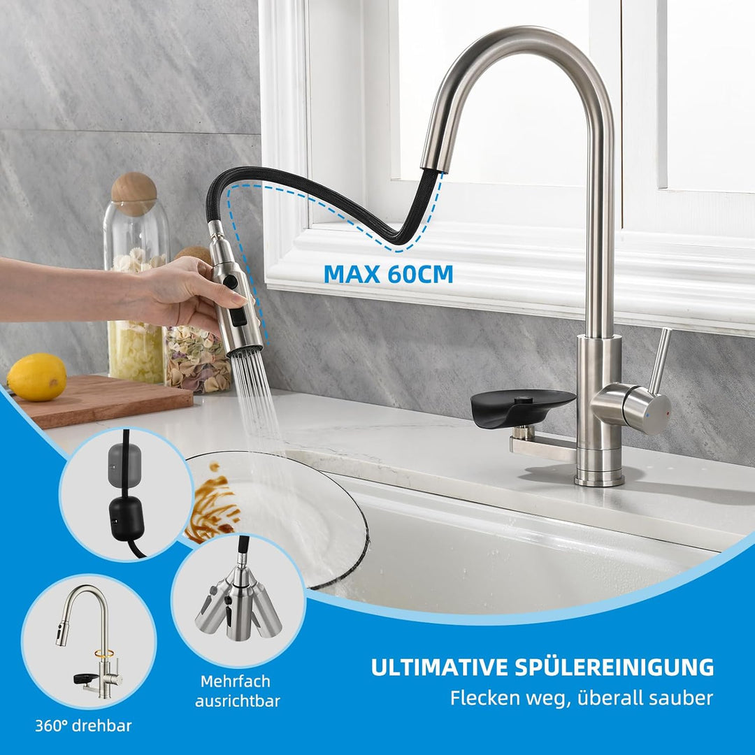 3 Wege Wasserhahn Küche Mynaiad Wasserfilter Glasspüler Ausziehbar Dual-Auslauf,360°-Drehung Küchena