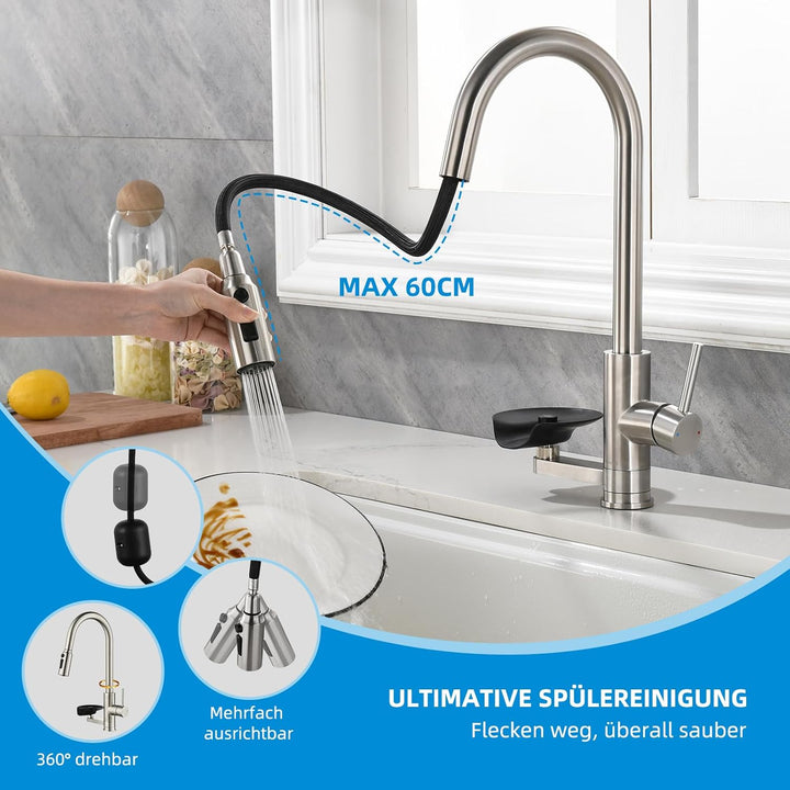 3 Wege Wasserhahn Küche Mynaiad Wasserfilter Glasspüler Ausziehbar Dual-Auslauf,360°-Drehung Küchena
