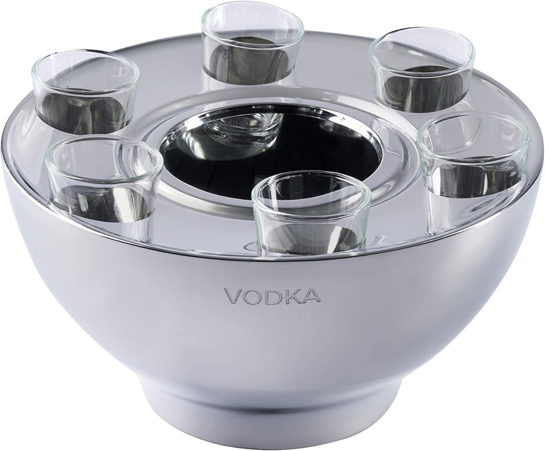 Wodkakühler Wodka Spirituosen Kühler "VODKA" Edelstahl + 6 Shotgläsern Silber, Flaschenkühler Geträn