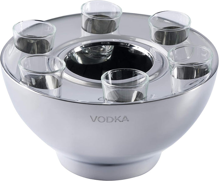 Wodkakühler Wodka Spirituosen Kühler "VODKA" Edelstahl + 6 Shotgläsern Silber, Flaschenkühler Geträn