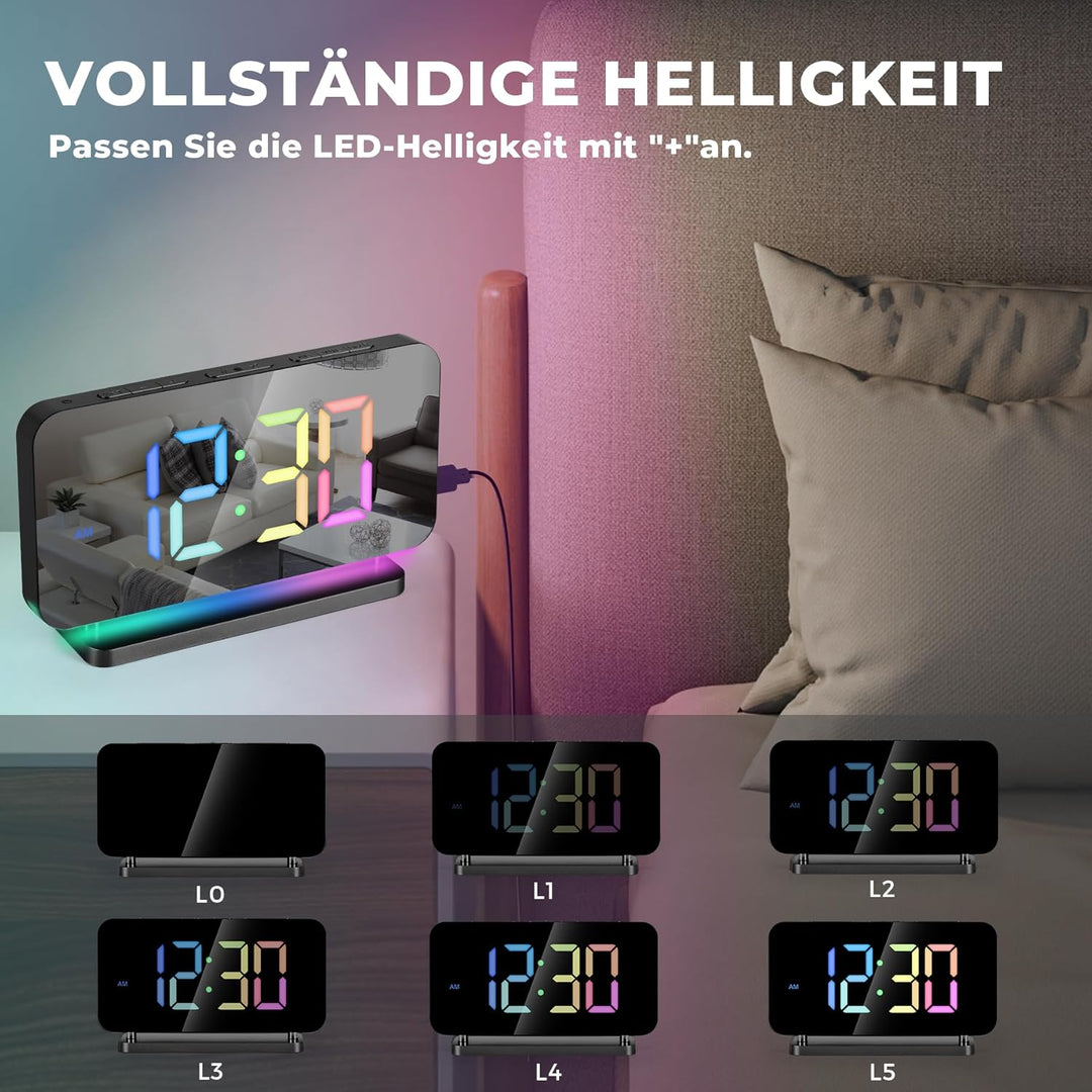 SZELAM Wecker Digital, Nachttisch,7,4" Spiegeluhr mit 10 Modi RGB-Nachtlicht,11 Farben LED Digitalan