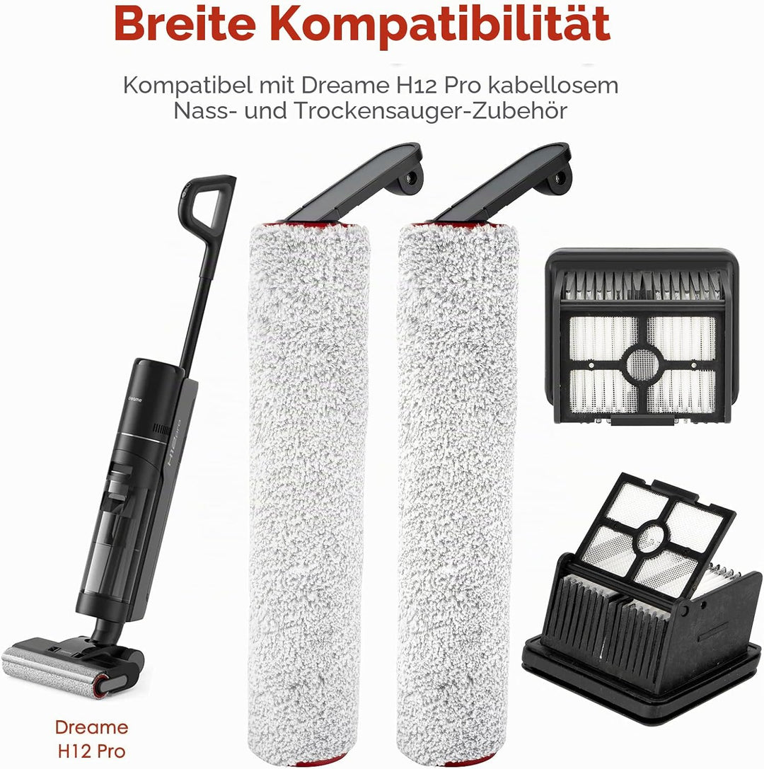 (5 Stück) Ersatzbürstenwalzen und HEPA-Filter Kompatibel für H12 Pro Kabellosen Nass- und Trockensta