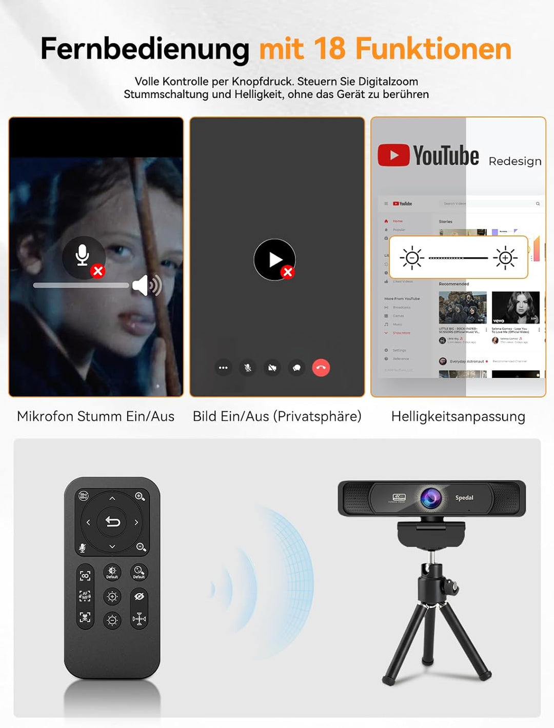 Spedal 4K Webcam with Microphone and Tripod, HD Web Camera with 120°Field of View and Remote Control