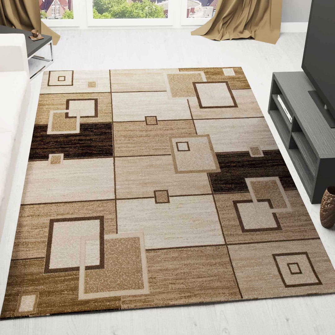 VIMODA Designer Teppich Wohnzimmer Braun Beige Kariert Retro mit geometrischen Motiven und Farbverla