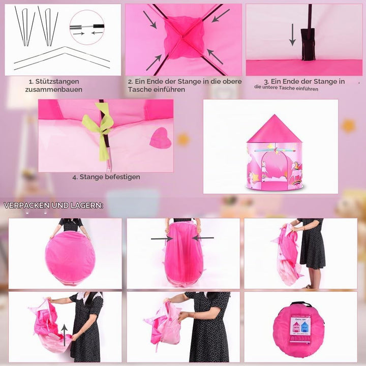 HOTUT Kinder Spielzelt, Prinzessin Zelt Rosa, Kinderzelt Indoor Outdoor mit lichtern und Aufkleber,