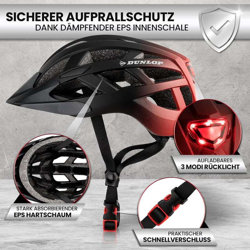 Dunlop Sports Fahrradhelm mit Licht L (58-62 cm) Schwarz/Rot, L (58-62 cm) Schwarz/Rot