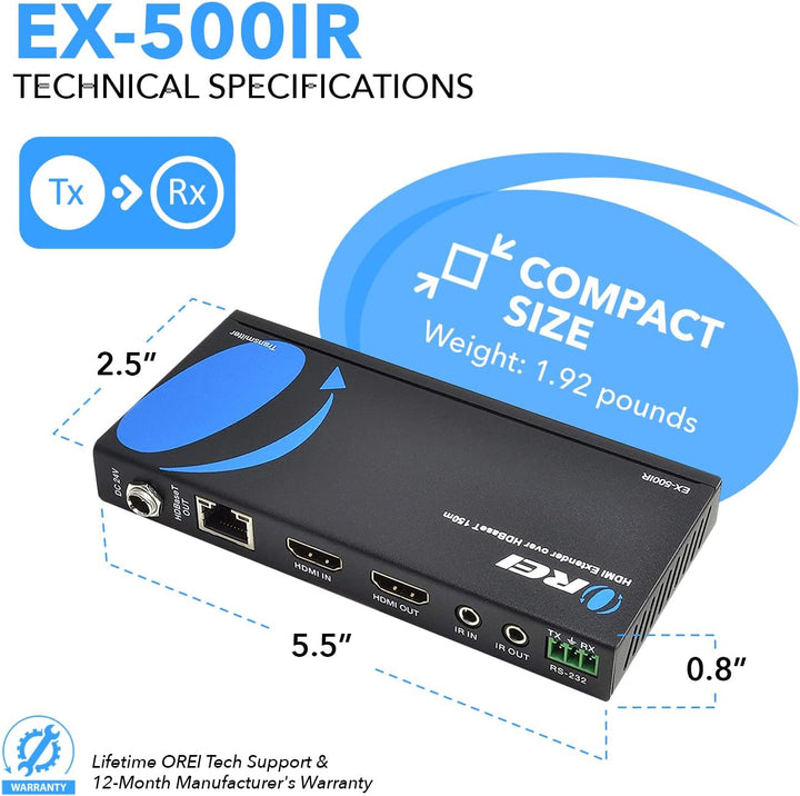 OREI HDBaseT HDMI Extender Over Cat5e/6 Ethernet LAN Cable - Up to 500 Feet - IR, HDMI Loop-Out, RS-