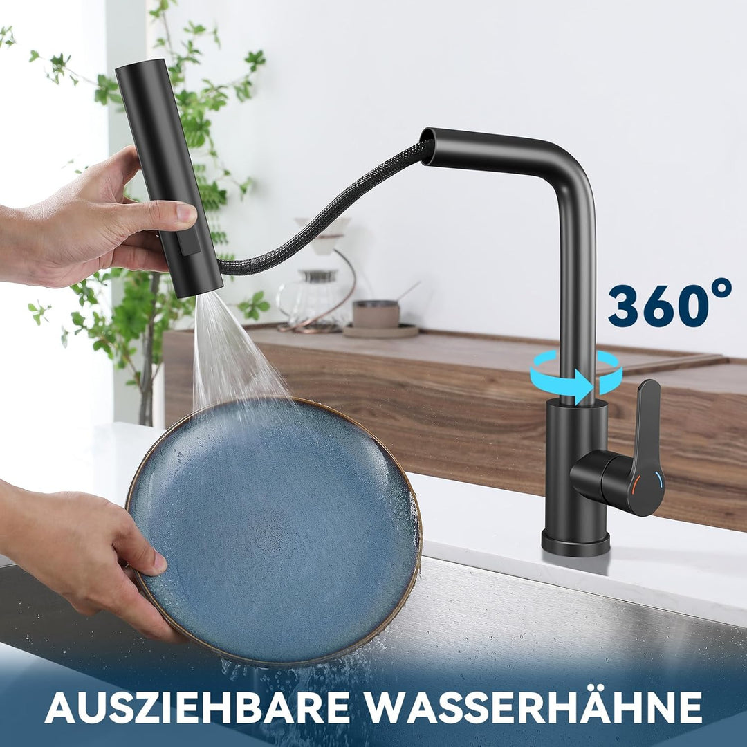 Wasserhahn Küche Küchenarmatur Schwarz - Waterfall Spültischarmatur Ausziehbar mit Brause Mischbatte