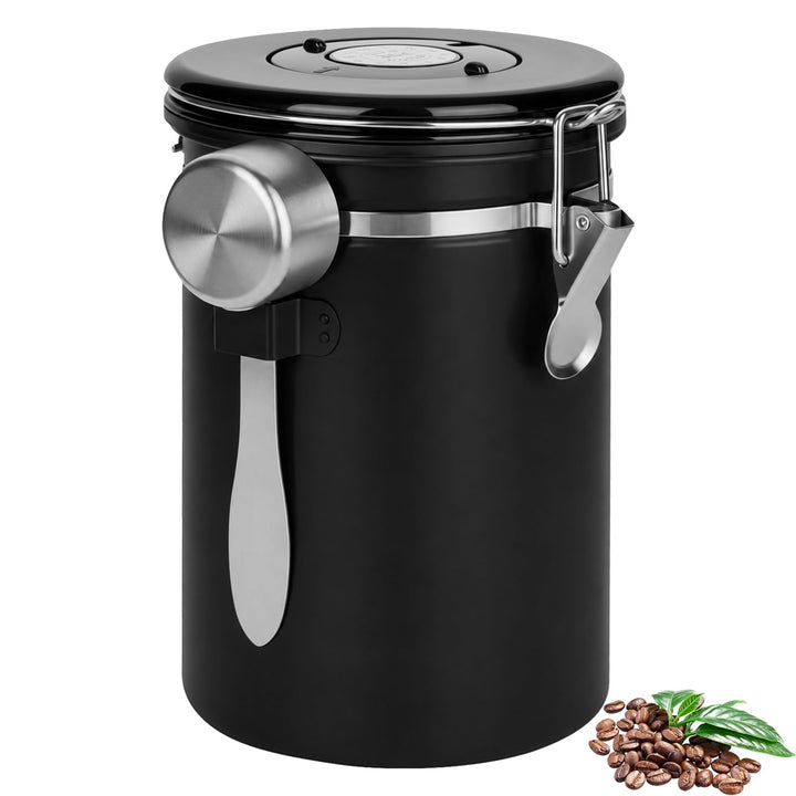 Kaffeedose Luftdicht mit Deckel, 1.8 L Kaffeebohnen Behälter aus Edelstahl mit Auslassventil, Messlö