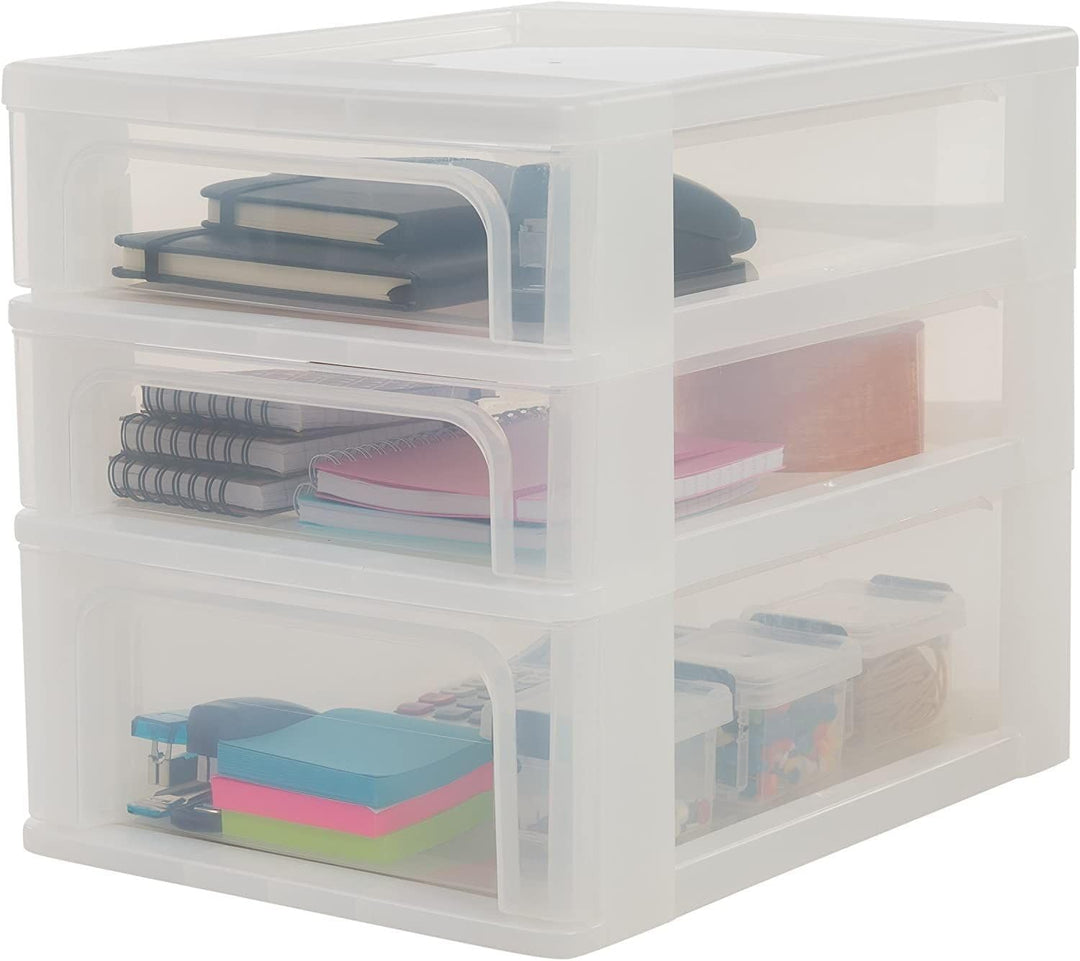 Iris Ohyama, Schreibtisch-Organizer mit 2 flache und 1 tiefe Schublade, Mattweiss, Easy-Pull-System,