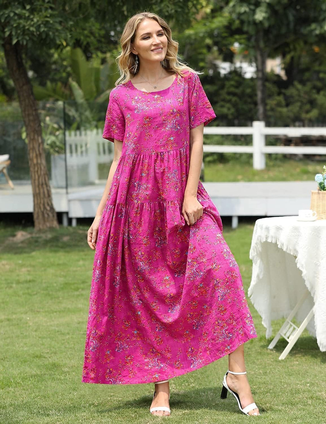 YESNO Damen Kleider Freizeit Lose Sommerkleid Lang Boho Maxikleid für Rundhals Strandkleid Blumenkle