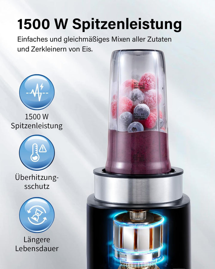 TWOMEOW Standmixer, 1500 W, Eisknackmesser 6-Klingen FüR Mixer, Smoothie Maker Mit 4 Programme + Pul
