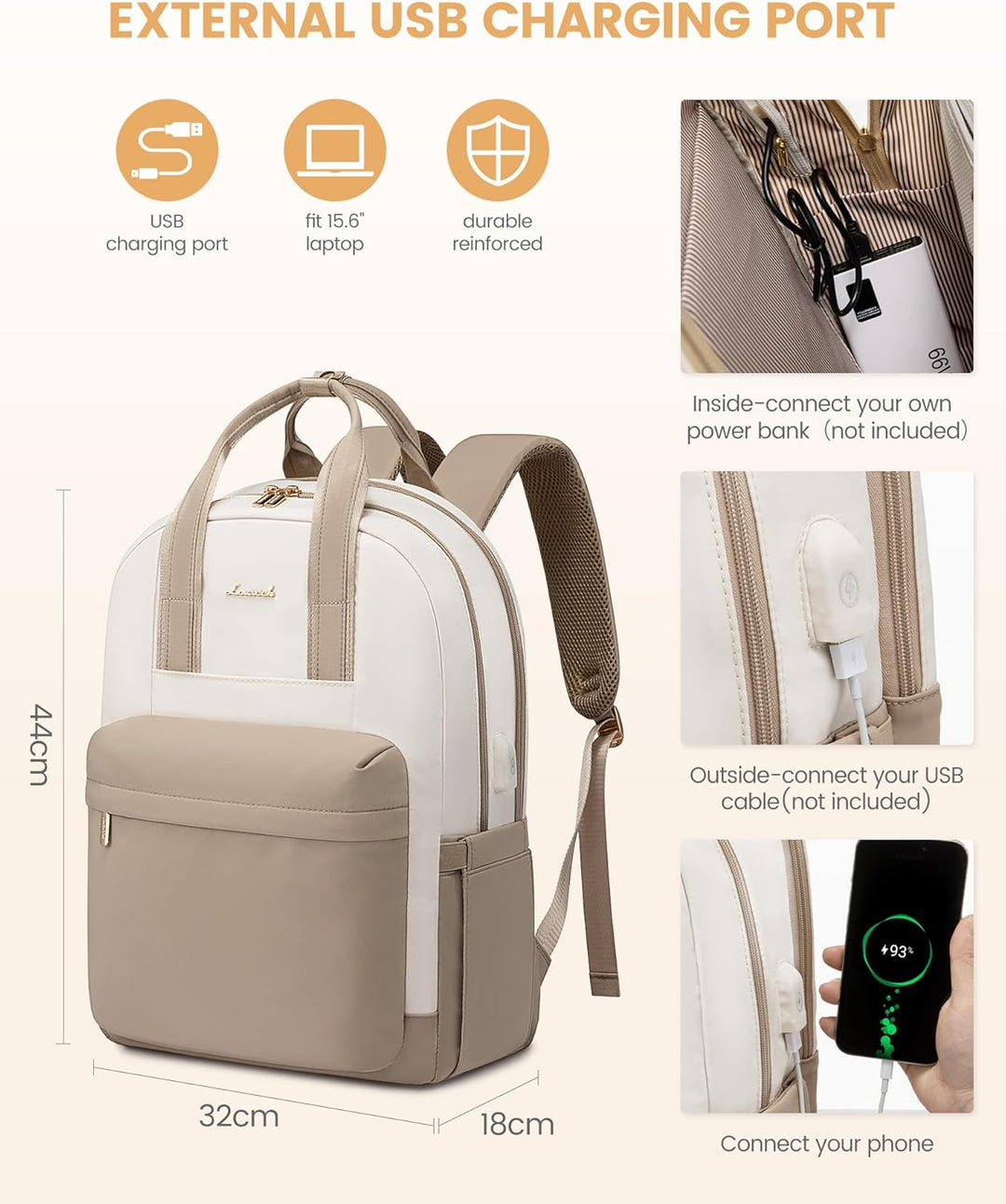 LOVEVOOK Rucksack Damen, 15,6 Zoll Laptop Schulrucksack Mädchen mit Laptopfach, Wasserdicht Tagesruc