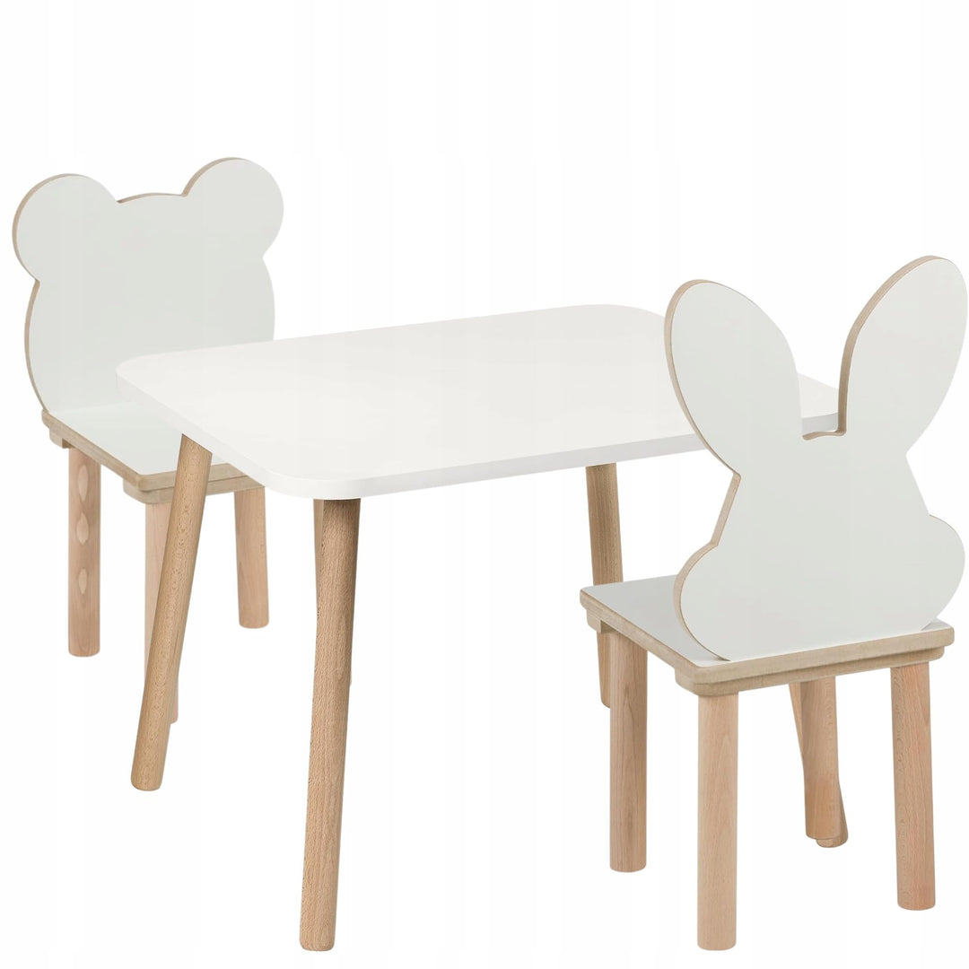 Kindertisch mit 2 Stühlen Set 50 x 60 x 47 cm aus Holz, Bär- und Hasen-Design, Sitzgruppe Kinder, Ki