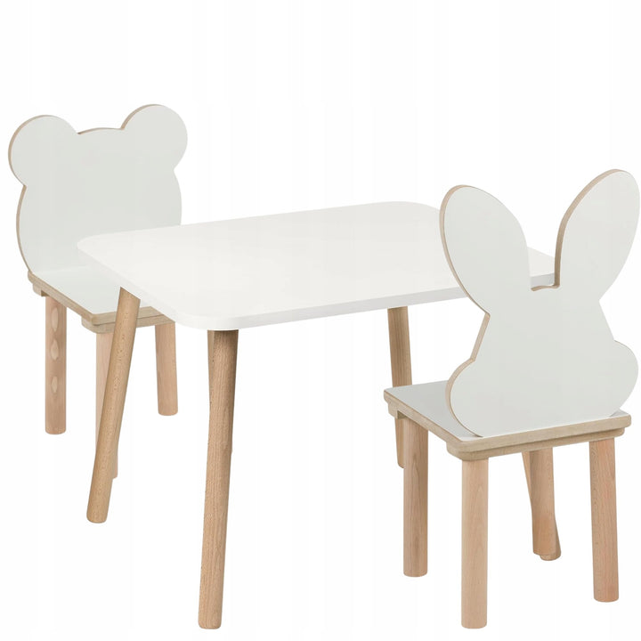 Kindertisch mit 2 Stühlen Set 50 x 60 x 47 cm aus Holz, Bär- und Hasen-Design, Sitzgruppe Kinder, Ki