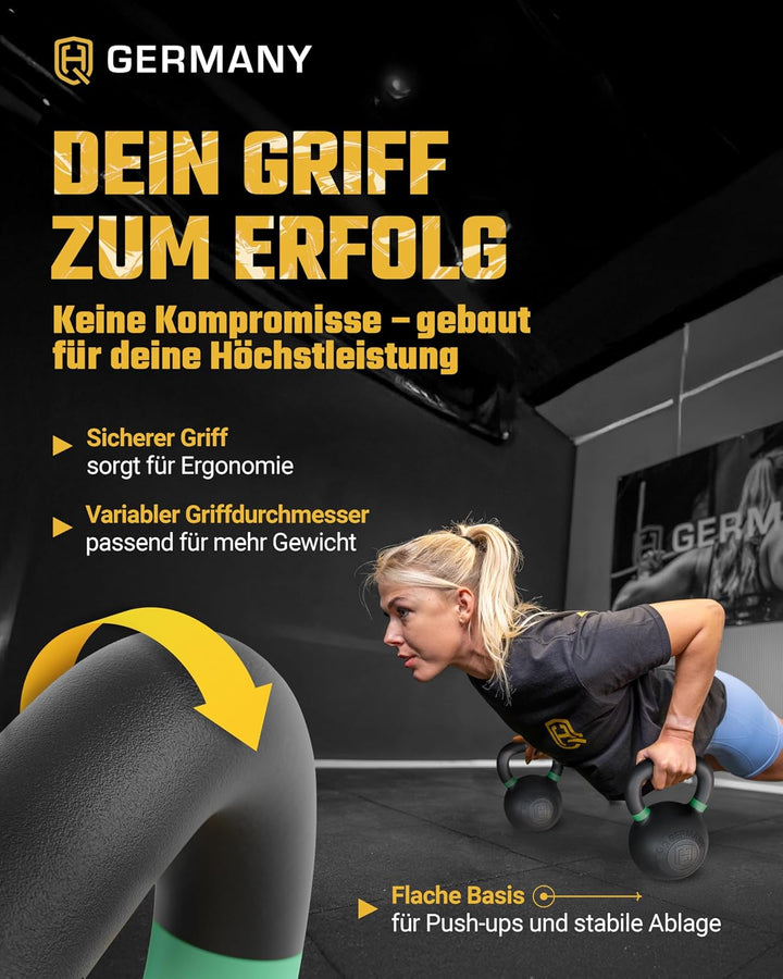 HQ Germany® Kettlebell Powdercoat [Pulverbeschichtung] - Kugelhantel 2-32kg | Vollguss ohne Schweiss