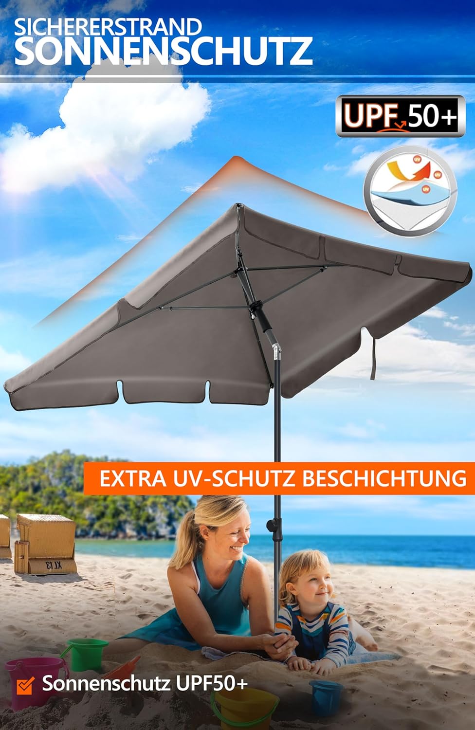 4smile Sonnenschirm Balkon SunnyShade, 200 x 125 cm, Taupe - UPF 50+ Sonnenschirm rechteckig als Son