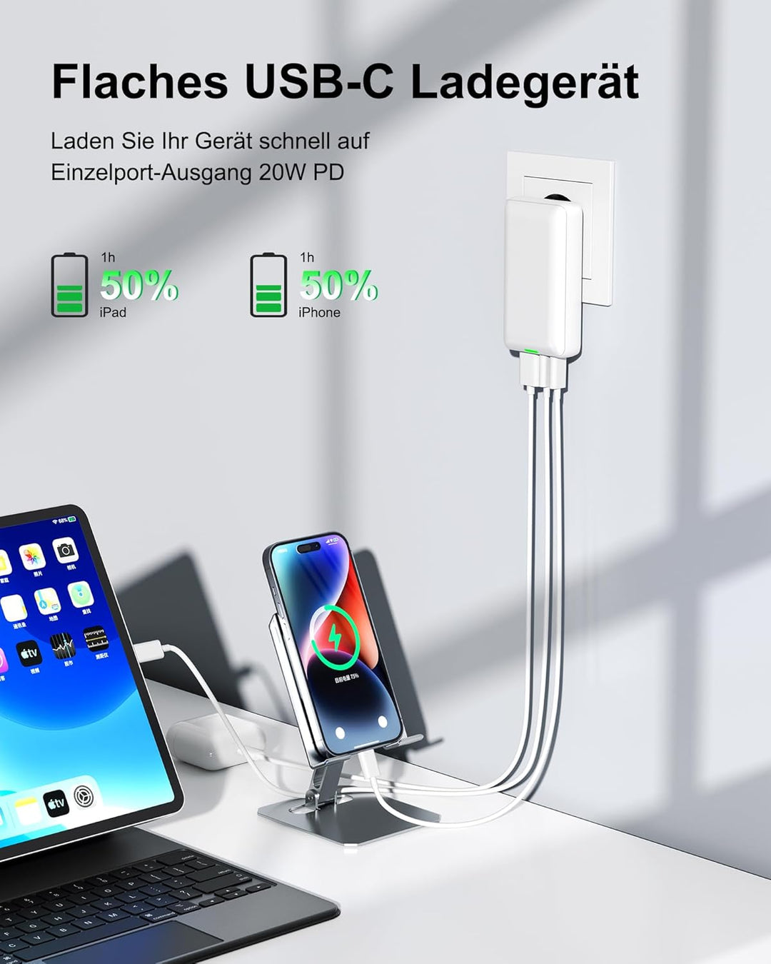 USB Ladegerät Flach,3 Ports USB C Stecker Abgewinkelt,Flaches Netzteil mit 20W PD Schnellladegerät,F