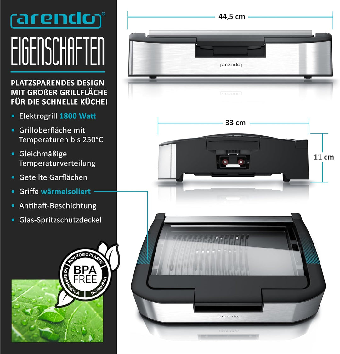 Arendo - Gourmet Tischgrill Elektrogrill Edelstahl - 1800 W - mit Glasabdeckung - für Balkon Garten