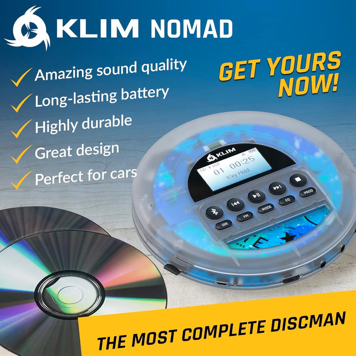 KLIM Nomad Transparent - NEU 2024 - Tragbarer CD-Player Discman - langlebigem Akku - Inklusive KLIM