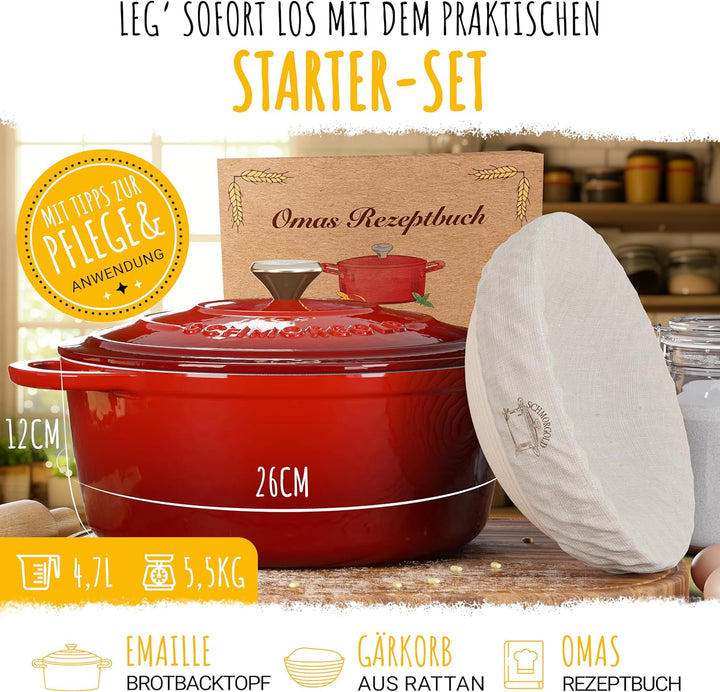 SCHMORGOLD Brotbackform 26cm inkl. Gärkorb - Gusseisen Topf zum Brot Backen - emaille Topf, Schmorto