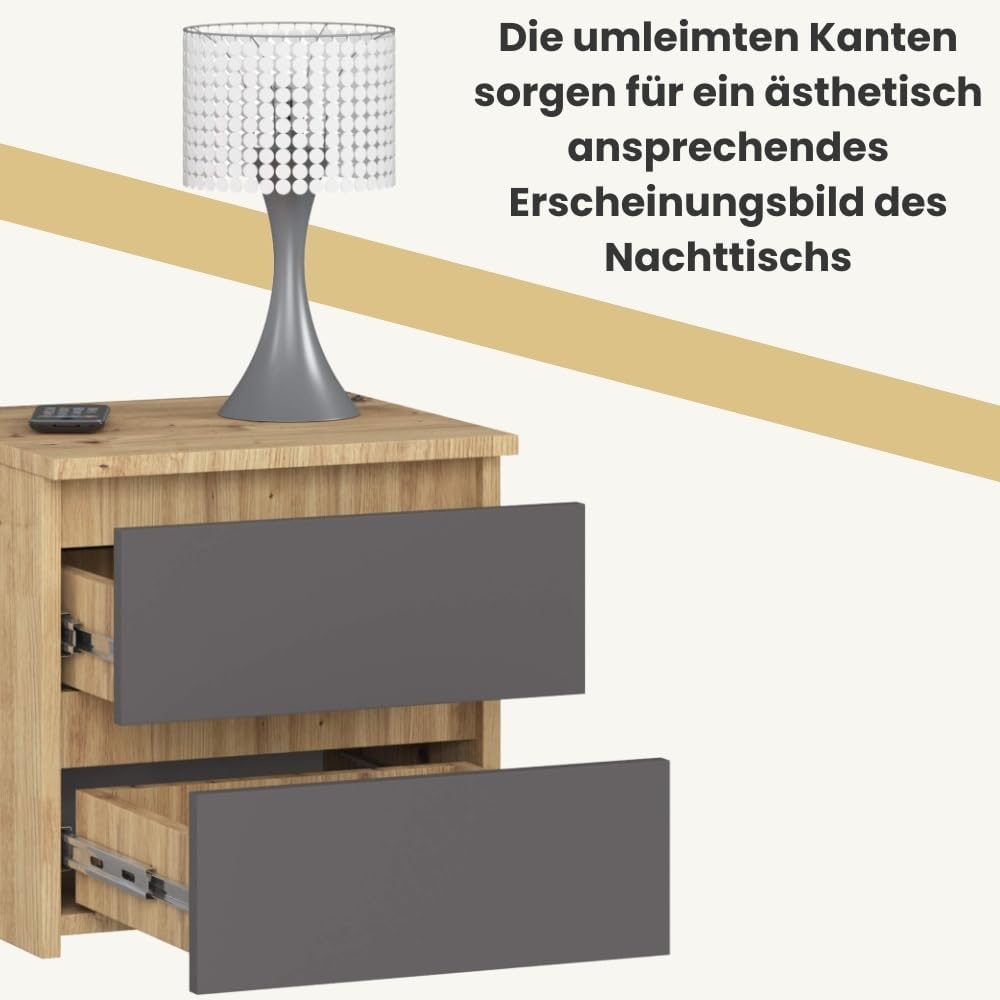 AKORD Nachttisch in minimalistischer Optik, mit 2 Schubladen, B40 x H40 x T35 cm Handwerkliche Eiche