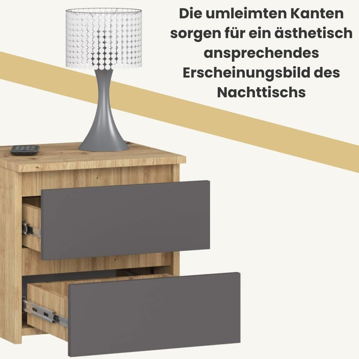 AKORD Nachttisch in minimalistischer Optik, mit 2 Schubladen, B40 x H40 x T35 cm Handwerkliche Eiche