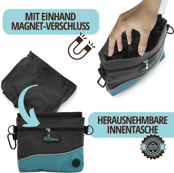 PetLove Leckerlibeutel für Hunde • Futterbeutel mit Magnetverschluss • Inklusive Kotbeutelspender &