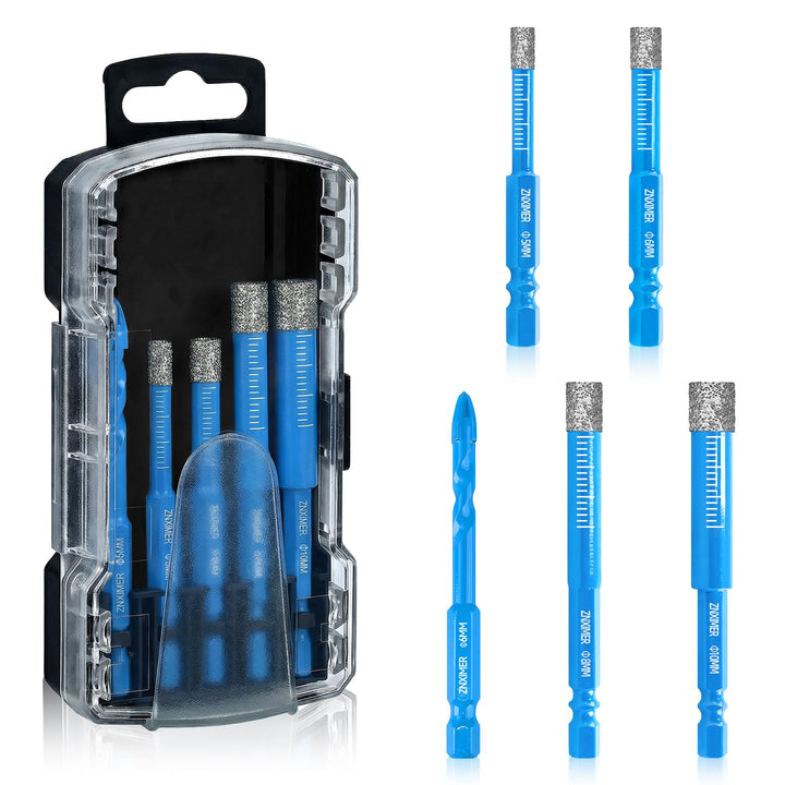 Fliesenbohrer Diamantbohrer Glasbohrer Set 5-tlg. 5, 6, 8, 10 mm + 6 mm Karbidbohrer für Keramik, Gr