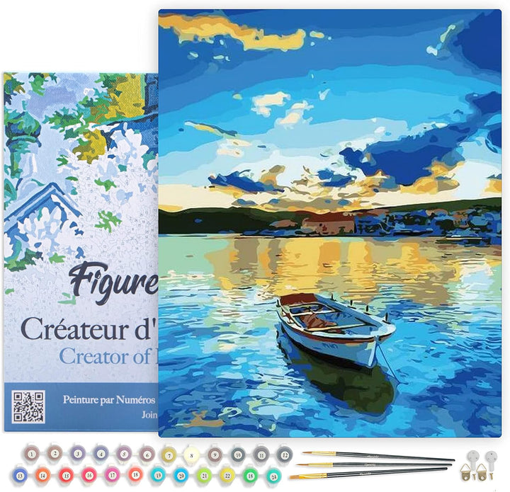 Figured'Art Malen Nach Zahlen Erwachsene Mit Rahmen Boot und Sonnenaufgang - Paint by Numbers Bastel