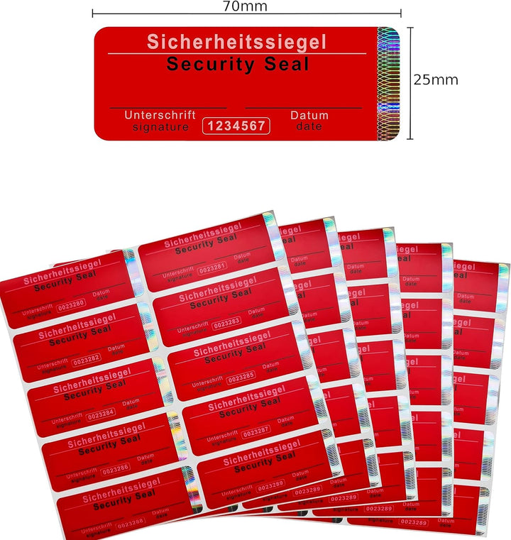 1000 Stk – Sicherheits-Siegel mit Seriennummer ohne Rückstände - 70x25mm rot, beschreibbar – Sicherh