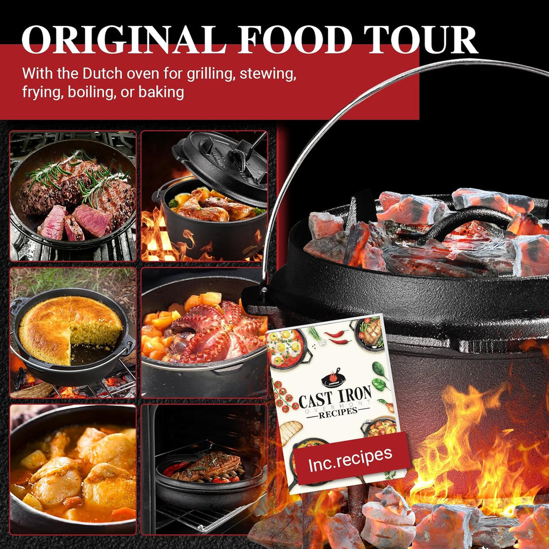 Overmont Dutch Oven Feuertopf Eingebrannter Gusseisen Kochtopf mit Füssen Doppelfunktion Deckel Deck