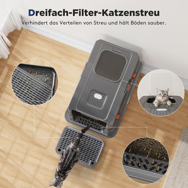 MIXJOY Edelstahl Katzenklo XXL mit Deckel, Katzentoilette Edelstahl Zwei-Tür-Konfiguration, Geschlos