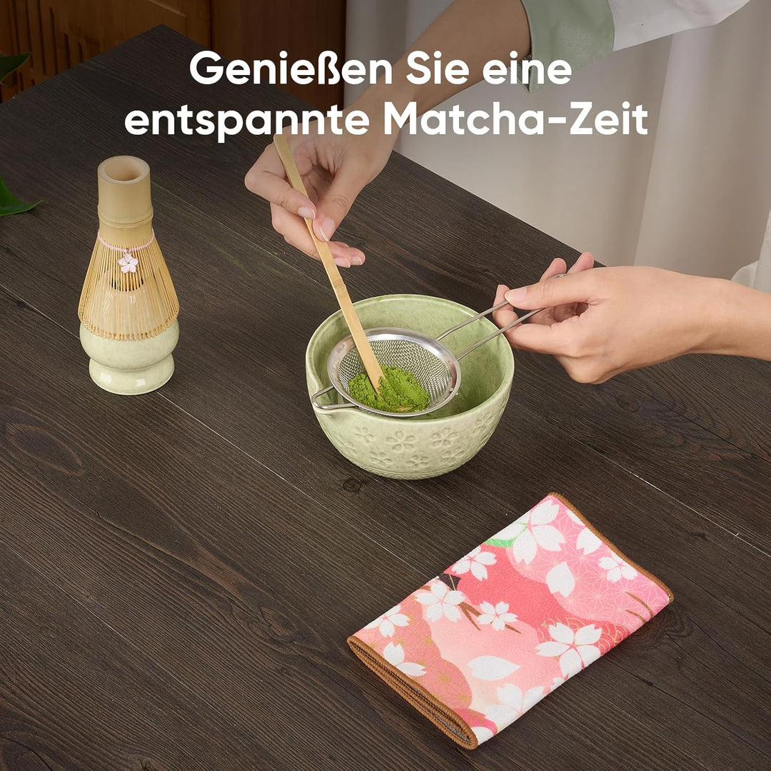 Matcha Set, einschliesslich einer Keramik Matcha Schale, Matchabesen und Halter, Sieve, Geschirrtuch