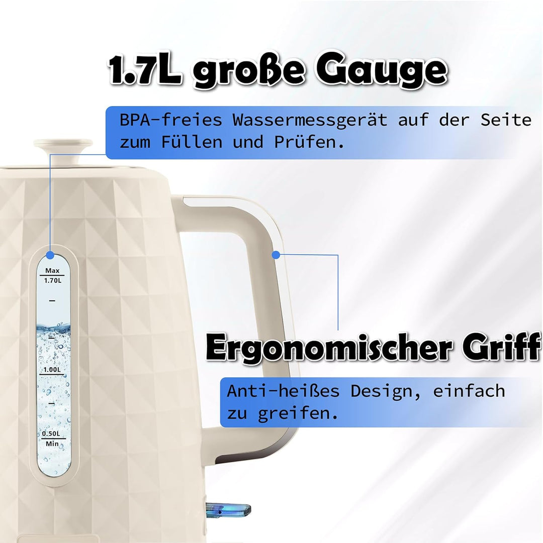 1.7L Wasserkocher, Schnellkochender 1850W Heisswasserkessel, Elektrischer Teekocher für kochendes Wa