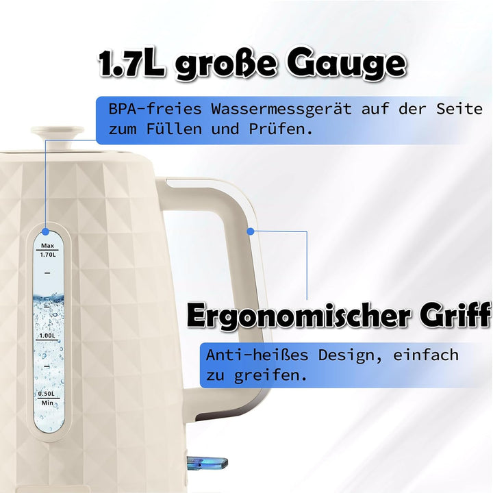 1.7L Wasserkocher, Schnellkochender 1850W Heisswasserkessel, Elektrischer Teekocher für kochendes Wa