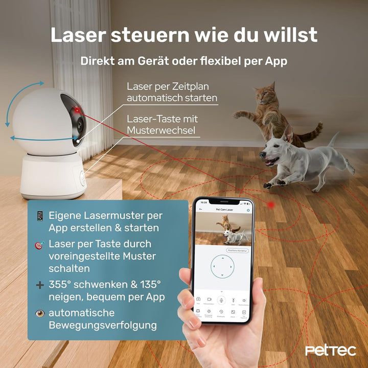 PetTec® Pet Cam Laser - Haustierkamera mit App [OHNE ABO-Falle] - Katzen Kamera Zuhause mit Bewegung