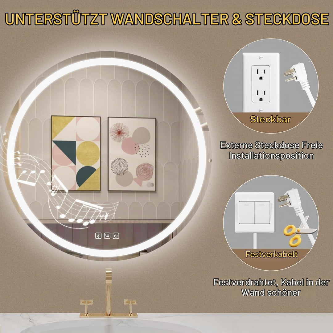 Badspiegel Mit Beleuchtung Rund 70cm, Badezimmerspiegel Mit Beleuchtung Bluetooth Spiegel, Antibesch