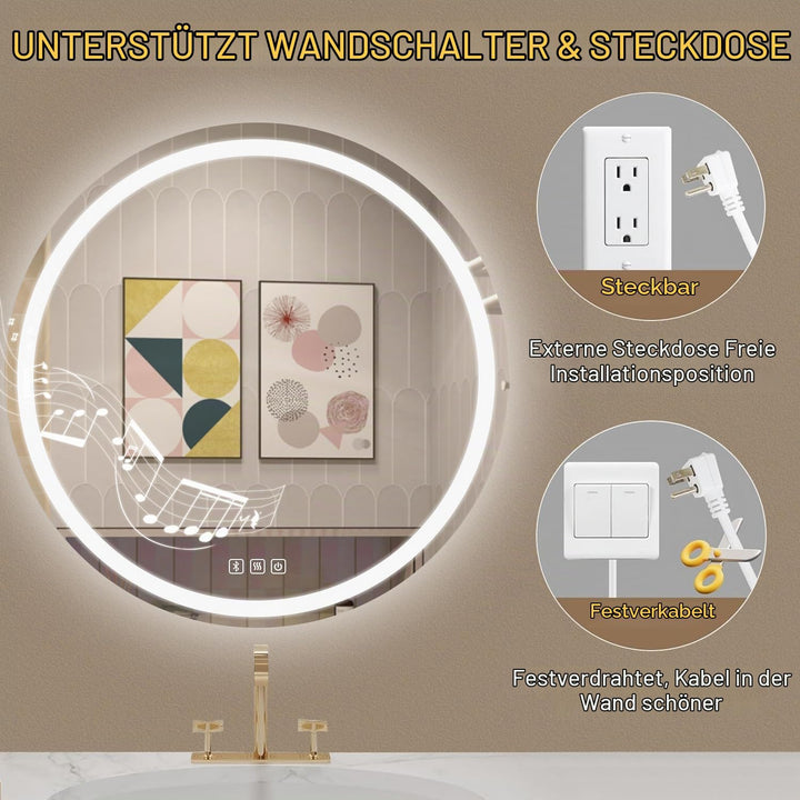 Badspiegel Mit Beleuchtung Rund 70cm, Badezimmerspiegel Mit Beleuchtung Bluetooth Spiegel, Antibesch