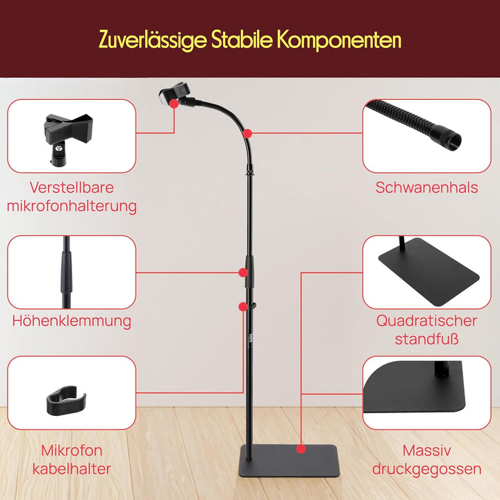 Pyle Mikrofonständer, Stativ, Flexibler verstellbarer Arm, Mit universellem 5/8” Adapter, Mikrofoncl