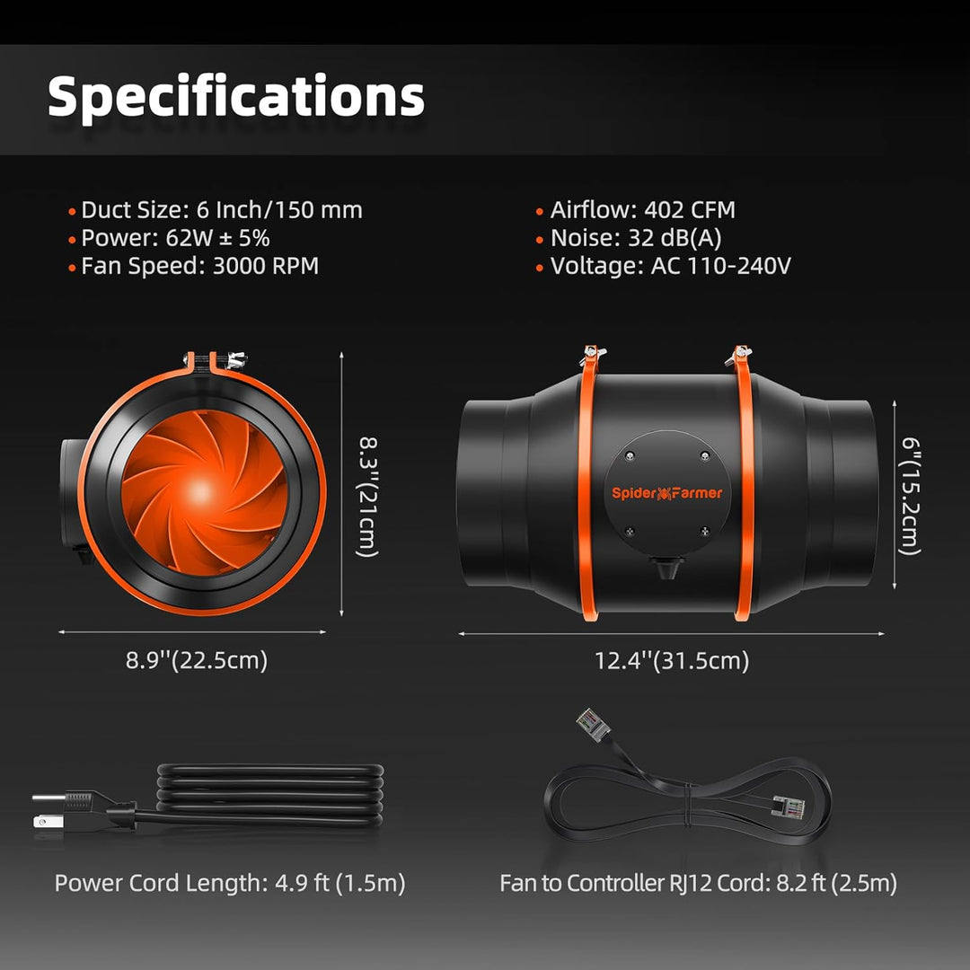 Spider Farmer 15cm Inline Kanalventilator mit Temperatur- und Luftfeuchtigkeitskontrolle Belüftung A