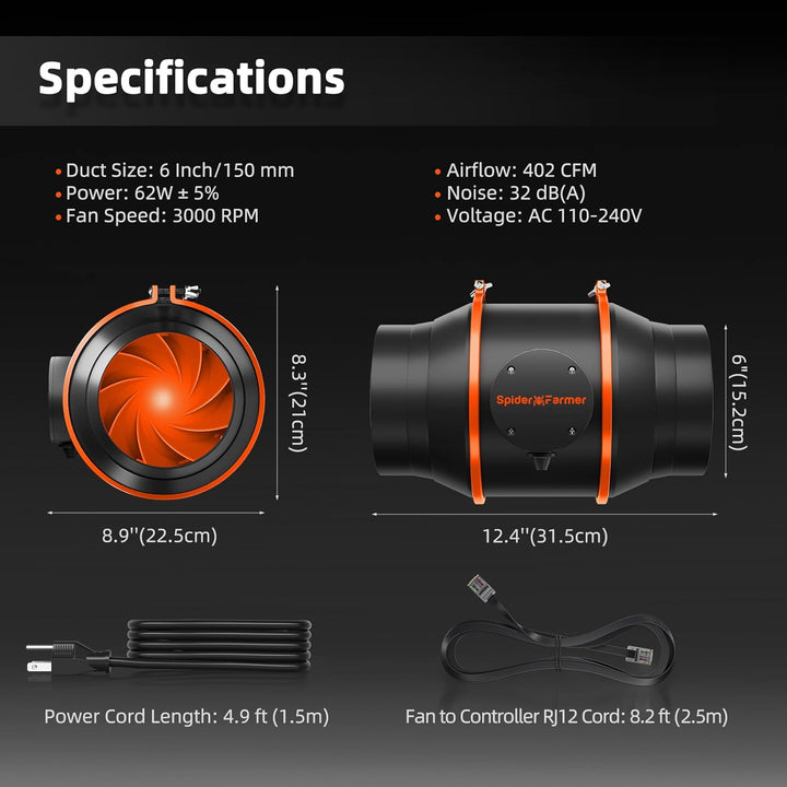 Spider Farmer 15cm Inline Kanalventilator mit Temperatur- und Luftfeuchtigkeitskontrolle Belüftung A